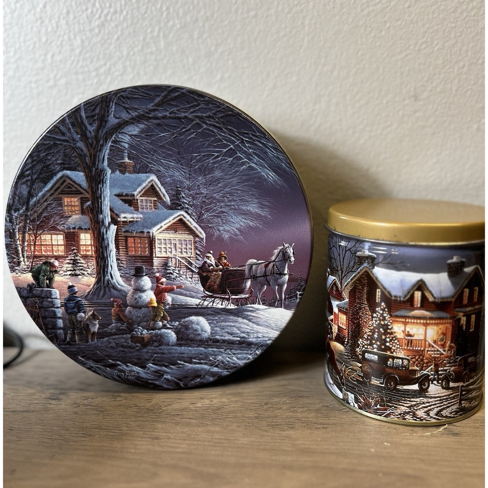 Lot of‎ 2 Terry Redlin Christmas Tins 1992 & 1997 Winter Scene Cottage Sleigh